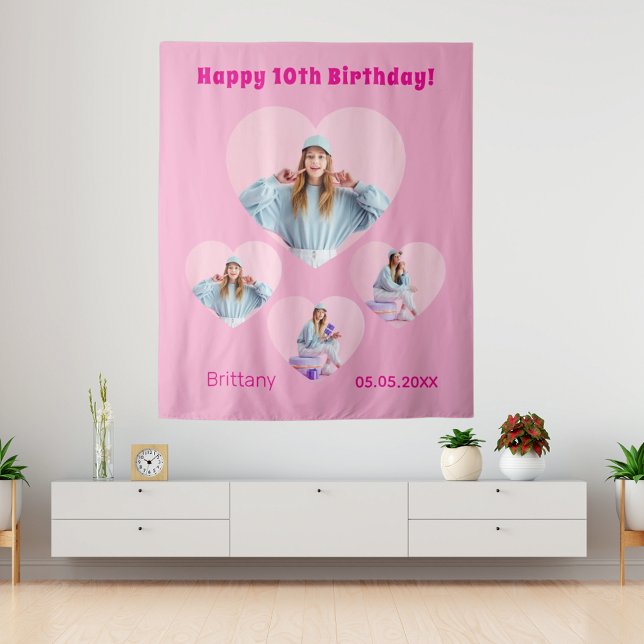 Birthday photo hearts collage girl pink welcome tapestry (Creator Uploaded)