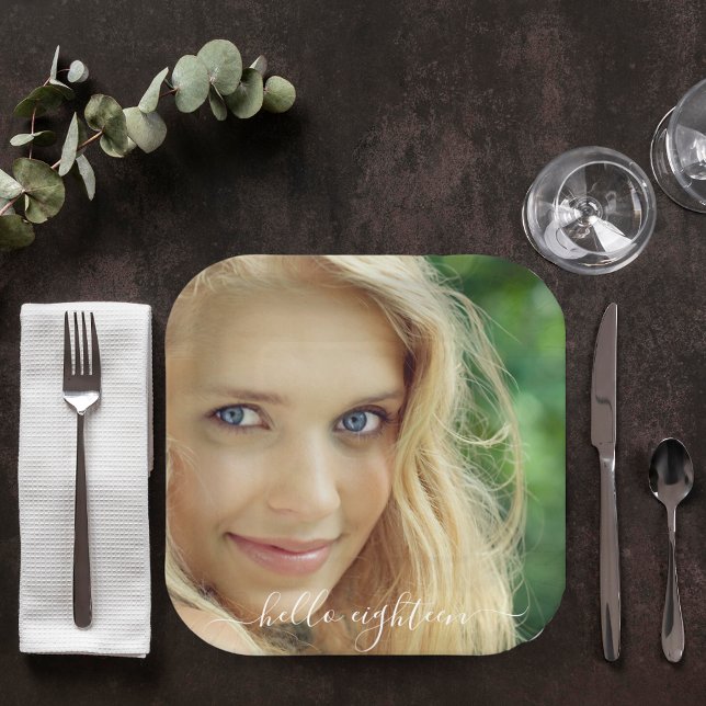 Birthday photo hello 18 eighteen text paper plate (Creator Uploaded)