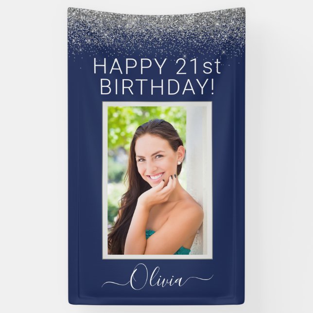 Birthday Photo Navy Blue Silver Glitter Girly Banner (Vertical)