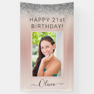 Birthday Photo Pink Silver Glitter Girly Rose Gold Banner