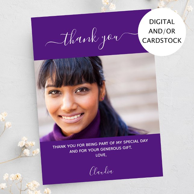 Birthday photo purple thank you card (Creator Uploaded)