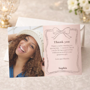 Birthday photo rose gold bow thank you card
