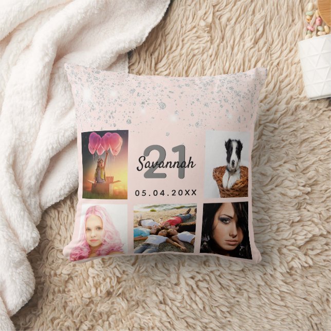 Birthday photo rose gold glitter blush pink silver cushion (Blanket)