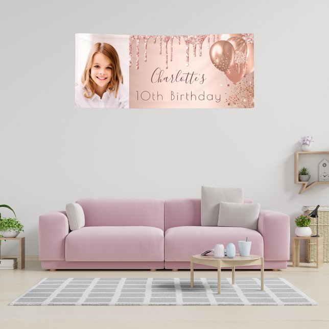 Birthday photo rose gold glitter monogram banner (Creator Uploaded)