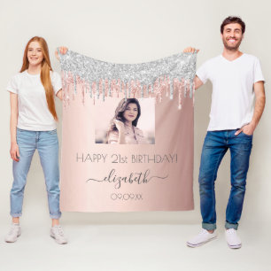 Birthday photo rose gold glitter silver pink glam fleece blanket
