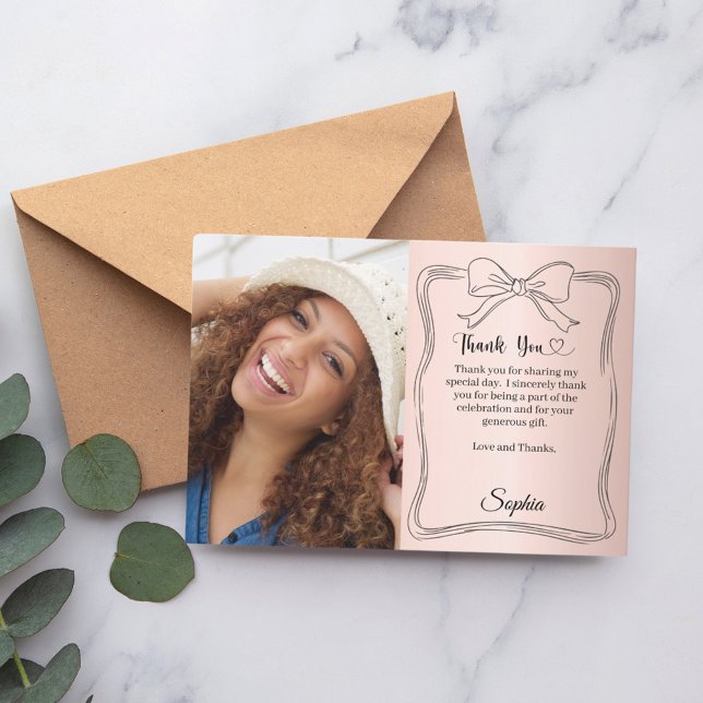 Birthday photo rose gold hand-written bow  thank you card (Creator Uploaded)