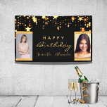 Birthday photo rose gold stars two 2 friends twins banner<br><div class="desc">A banner for a girly and glamourous birthday party for two girls, women, twins. A stylish black background with faux gold stars dripping. Personalise and add your own 2 two photos of the birthday girls. Text: Happy Birthday. The word Birthday and the names are written with a modern hand lettered...</div>