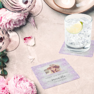 Birthday photo silver purple glitter dust monogram square paper coaster