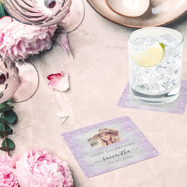 Birthday photo silver purple glitter dust monogram square paper coaster (Creator Uploaded)