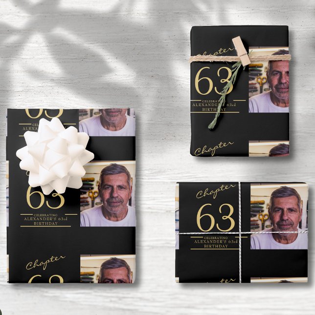 Birthday Photo Template Any Age Black Gold Wrapping Paper Sheet (Photo template birthday wrapping paper any age. Black and gold with script.)