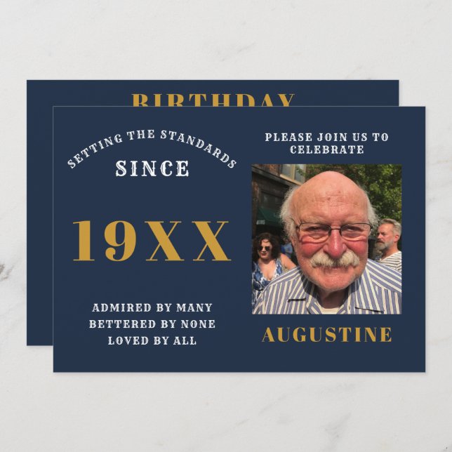 Birthday Photo Template Elegant Chic Blue Gold (Front/Back)