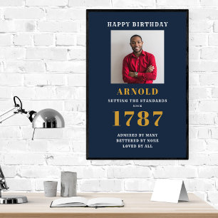 Birthday Photo Template Elegant Chic Blue Gold Pos Poster