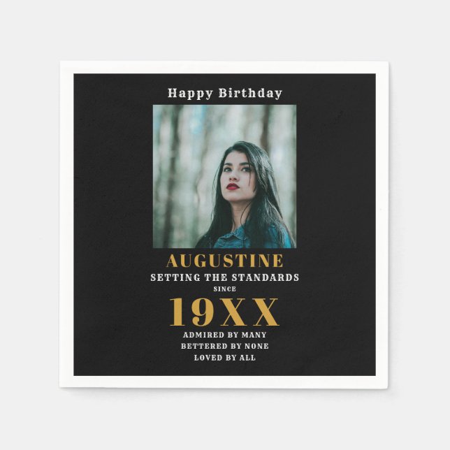 Birthday Photo Template Elegant Chic Gold Black Napkin (Front)
