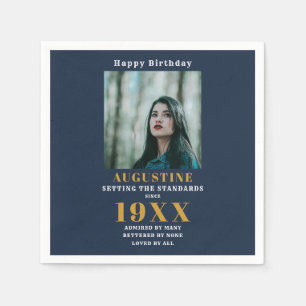 Birthday Photo Template Elegant Chic Gold Blue Napkin