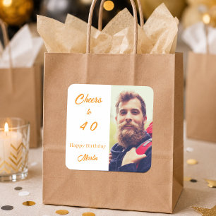 Birthday photo white gold cheers men square sticker