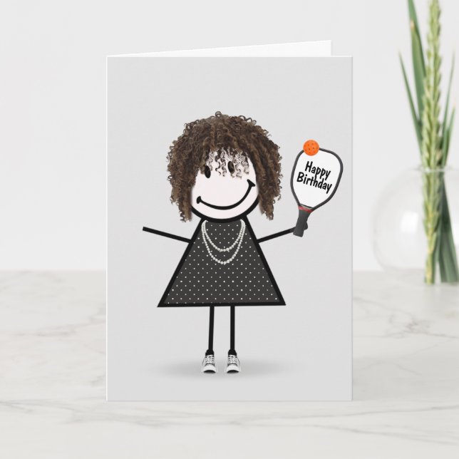 Birthday Pickleball Stick Figure Girl  Card (Front)