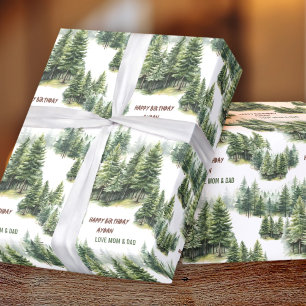 Birthday Pine Tree Forest Green Name Wrapping Paper