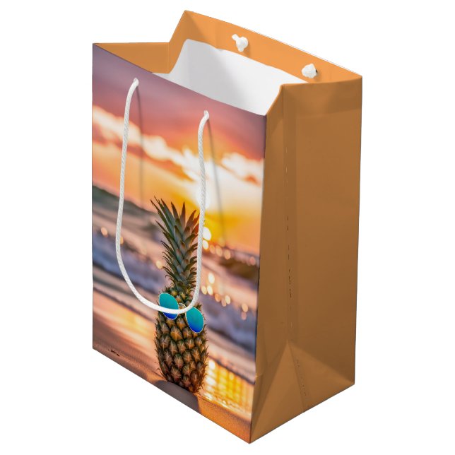 Birthday Pineapple With Sunglasses On Beach Medium Gift Bag (Front Angled)