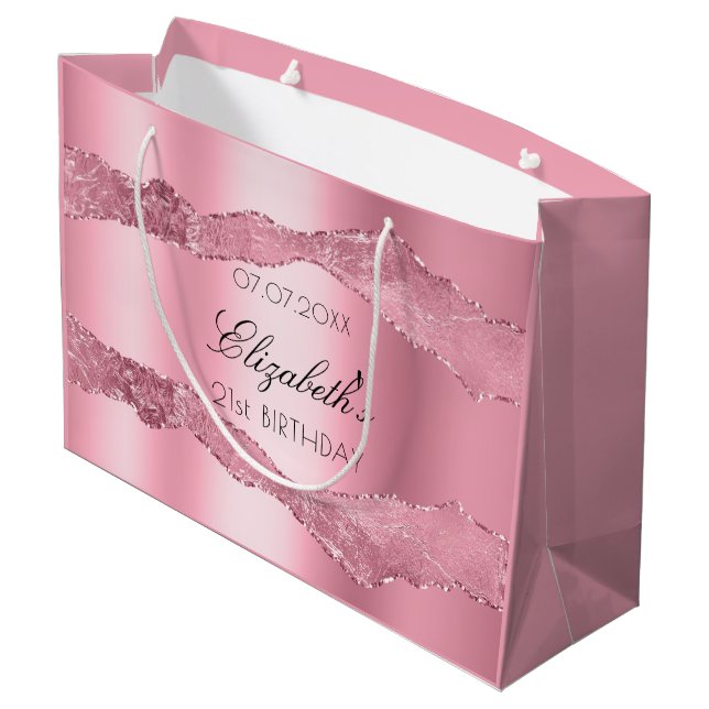 Birthday pink agate name elegant large gift bag (Back Angled)
