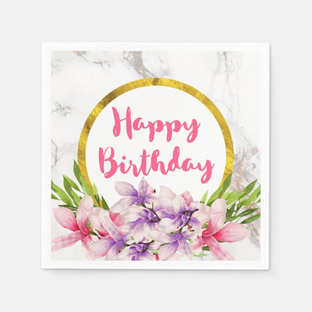 Birthday Pink and Purple Watercolor Magnolias Napkin (Front)