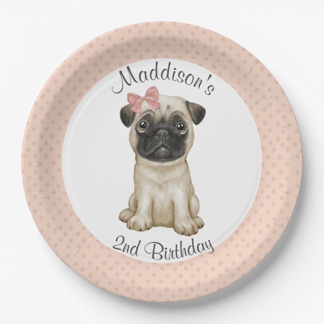 Birthday Pink Baby Girl Pug Paper Plate (Front)