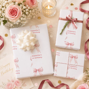 Birthday pink bow white girl wrapping paper sheet