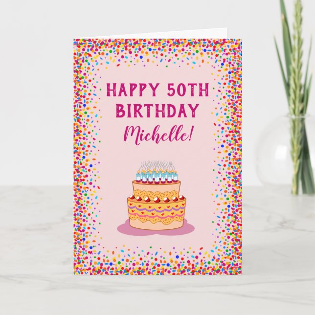 Birthday Pink Cake Colourful Confetti Celebration Card (Front)