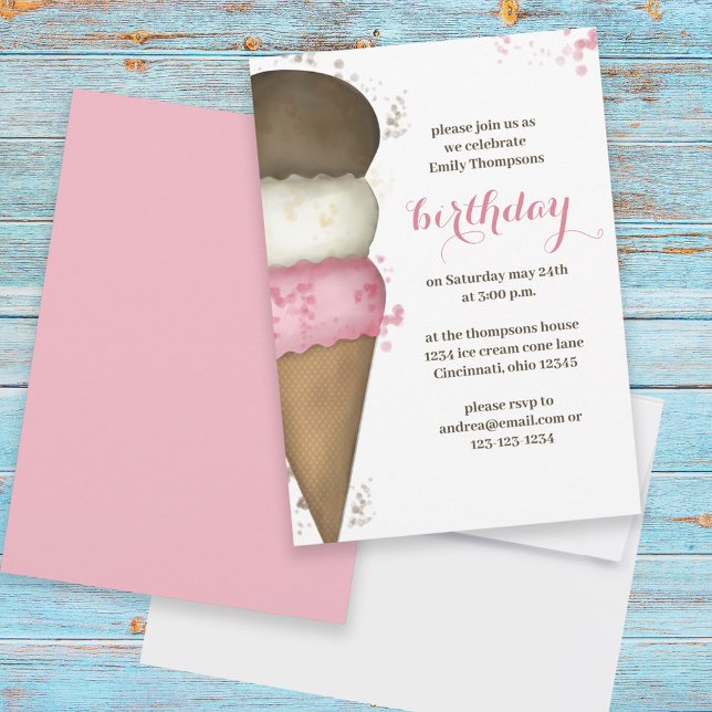 Birthday Pink Calligraphy Script Ice Cream Invitation (Creator Uploaded)
