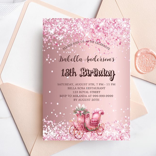 Birthday pink carriage elegant girly invitation postcard (Creator Uploaded)