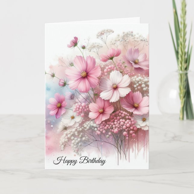 Birthday Pink Cosmos Bouquet Card (Front)