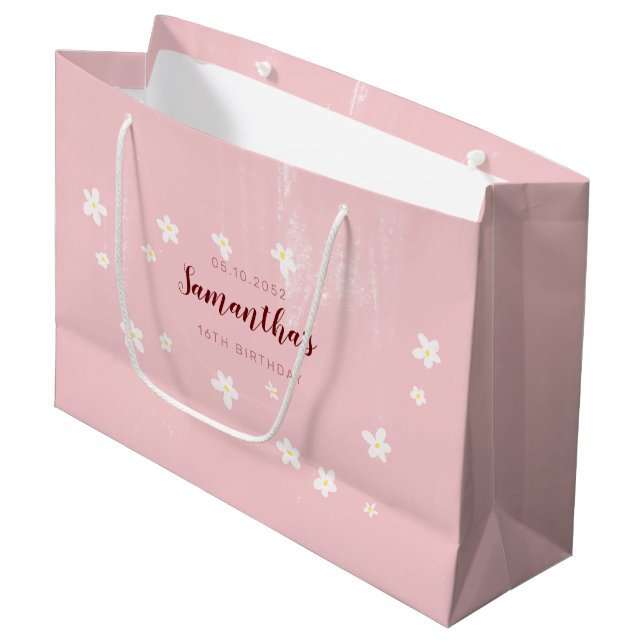 Birthday Pink Daisies Girly Sweet Simple Script Large Gift Bag (Front Angled)
