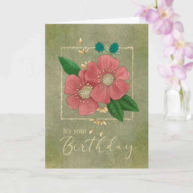Birthday Pink Flowers with Glitter Frame  Card (Orchid)
