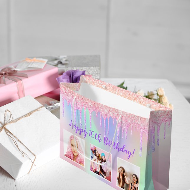 Birthday pink glitter custom photo holographic large gift bag (Creator Uploaded)