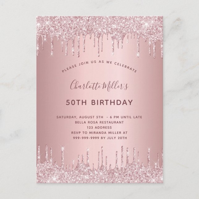 Birthday pink glitter drips dusty rose luxury invitation postcard (Front)