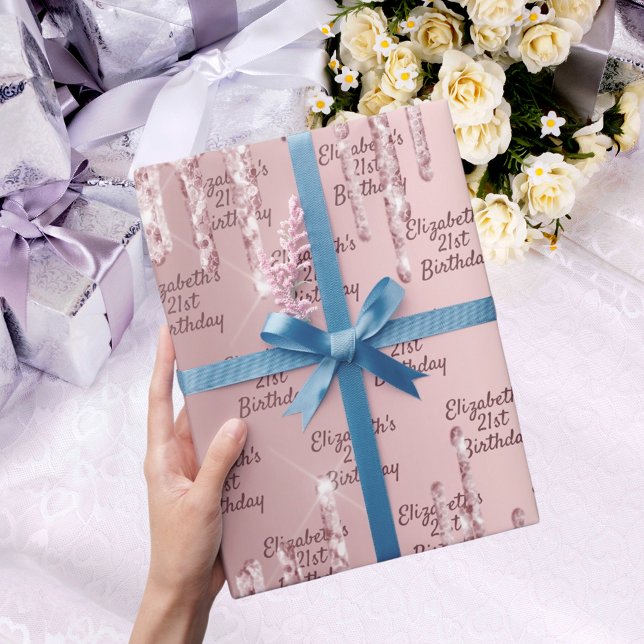 Birthday pink glitter drips dusty rose monogram wrapping paper (Creator Uploaded)