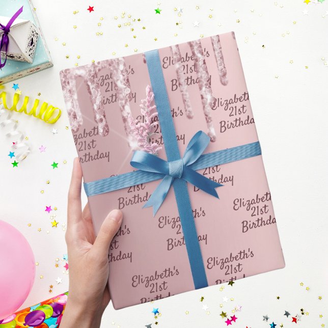 Birthday pink glitter drips dusty rose monogram wrapping paper (Creator Uploaded)