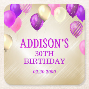 Birthday Pink Gold Balloons Square Paper Coaster