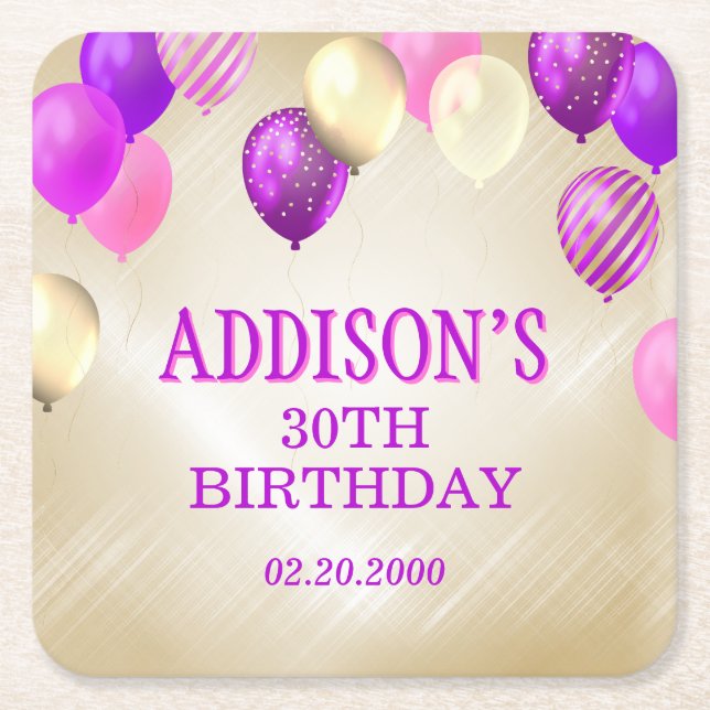 Birthday Pink Gold Balloons Square Paper Coaster (Front)