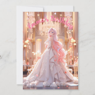 Birthday Pink hair princess in a white ballgown Invitation