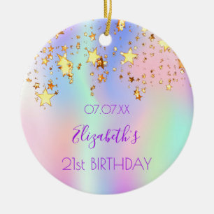 Birthday pink holographic gold stars ceramic tree decoration