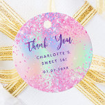 Birthday pink holographic thank you favour tags<br><div class="desc">A girly trendy iridescent background with unicorn and rainbow pastel colours in pink,  purple,  mint green. Decorated with faux sparkles. On front a hand lettered style script and the text: Thank You.   Personalise and add a name/text and a date.

Back:  Space for you to write by hand.</div>