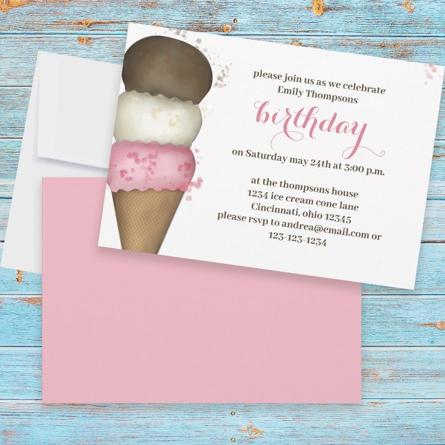 Birthday Pink Ice Cream Calligraphy Script Invitation (Creator Uploaded)