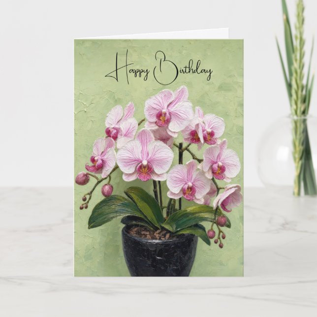 Birthday Pink Orchid Impasto Artwork Card (Front)