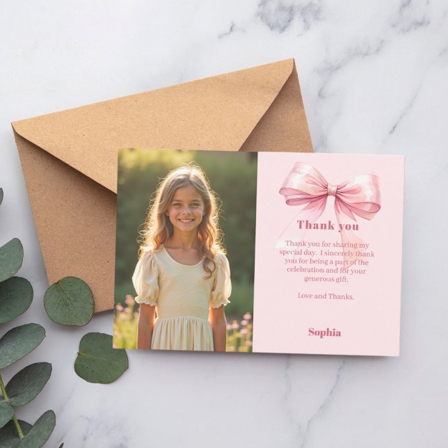 Birthday pink photo girl bow thank you card (Creator Uploaded)
