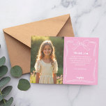 Birthday pink photo girl bow thank you card<br><div class="desc">A birthday Thank You photo card.  A pink background. Decorated with a hand-drawn bow and frame.  Personalise and add your photo and thank you note.</div>