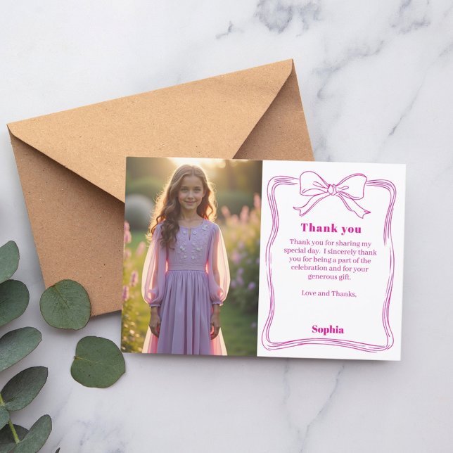 Birthday pink photo girl bow white thank you card (Creator Uploaded)