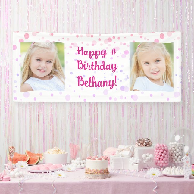 Birthday Pink Purple Confetti 2 Photo Personalised Banner (Party)