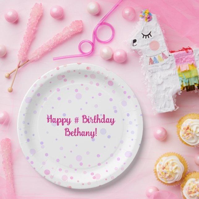 Birthday Pink Purple Confetti Dots Personalised Paper Plate (Party)