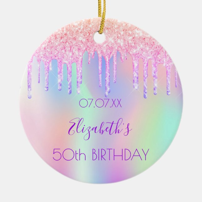 Birthday pink purple drips holographic ceramic tree decoration (Front)