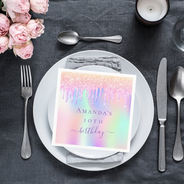 Birthday pink purple drips holographic name napkin (Creator Uploaded)